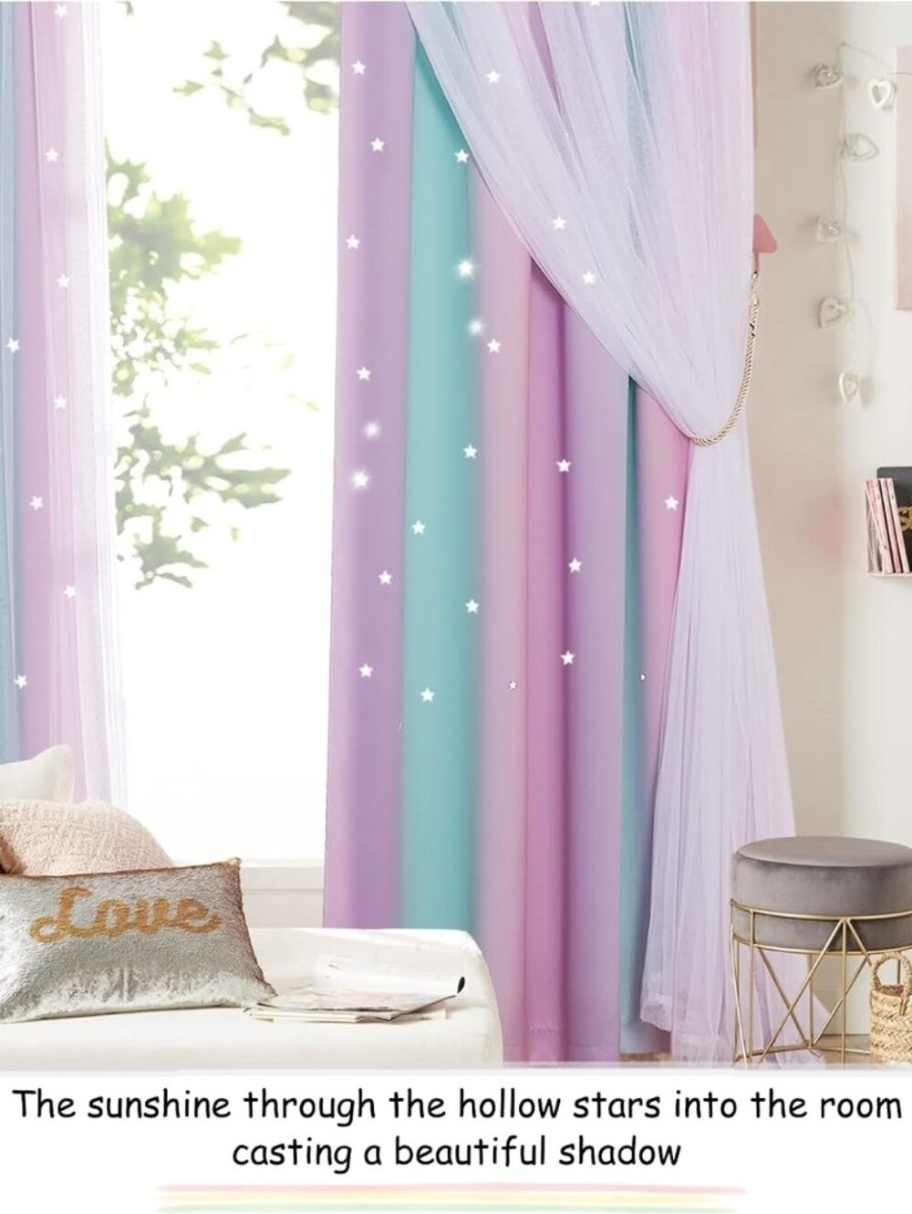 Pastel Rainbow Blackout Curtain with Star Cutouts, Dreamy Kids Room Decor - Picture 4 of 6